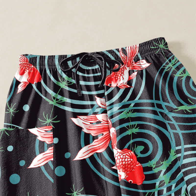 Buddha Stones Cotton Oriental Koi Ripple Pattern Women's Elastic Waist Harem Pants With Side Pockets - image 5