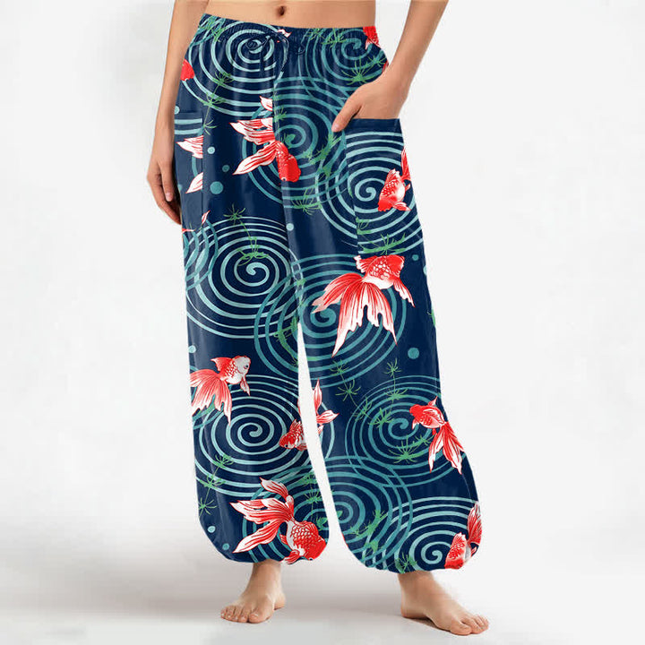 Buddha Stones Cotton Oriental Koi Ripple Pattern Women's Elastic Waist Harem Pants With Side Pockets - Navy - US16，UK/AU20，EU48 (3XL) - image 7