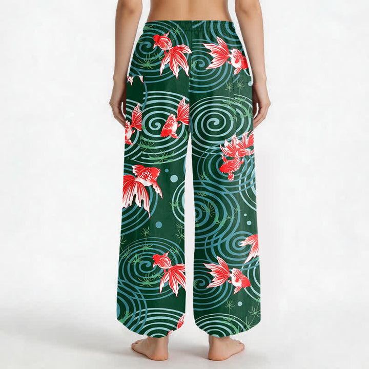 Buddha Stones Cotton Oriental Koi Ripple Pattern Women's Elastic Waist Harem Pants With Side Pockets - image 12
