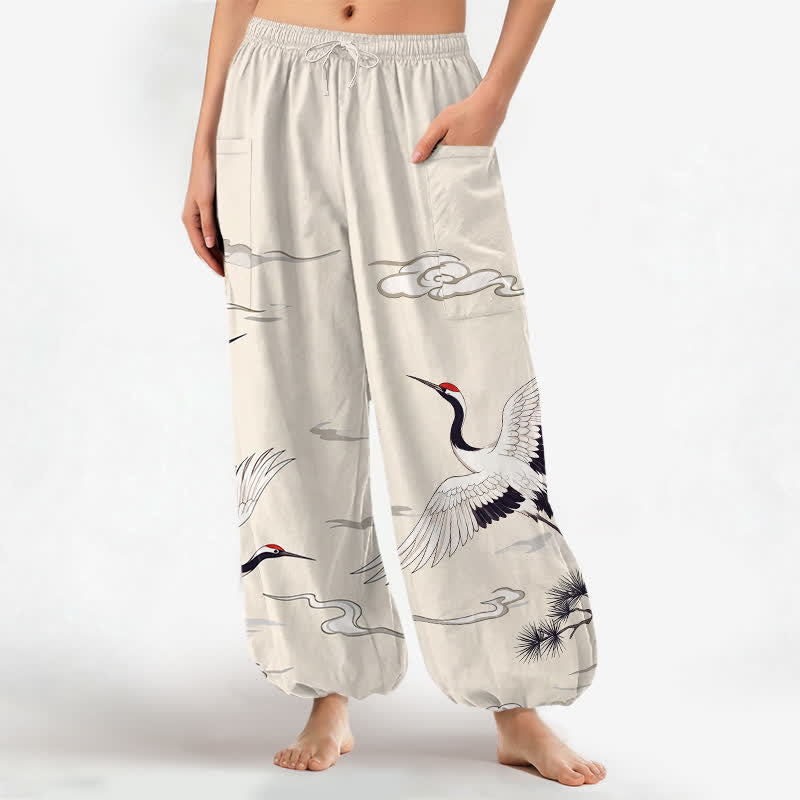 Buddha Stones Cotton Zen White Crane Pattern Women's Elastic Waist Harem Pants With Side Pockets - Linen - US16，UK/AU20，EU48 (3XL) - image 0