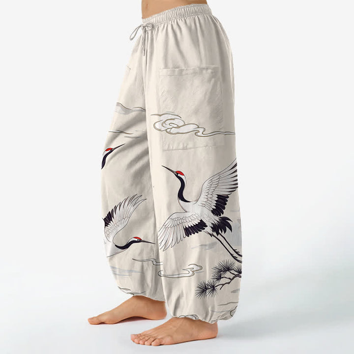 Buddha Stones Cotton Zen White Crane Pattern Women's Elastic Waist Harem Pants With Side Pockets - image 1