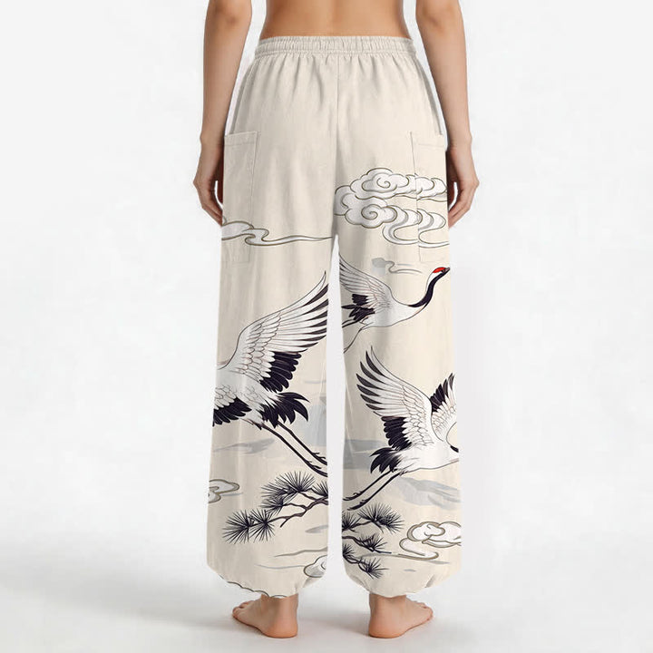 Buddha Stones Cotton Zen White Crane Pattern Women's Elastic Waist Harem Pants With Side Pockets - image 2
