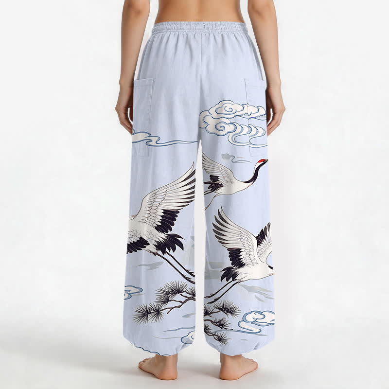 Buddha Stones Cotton Zen White Crane Pattern Women's Elastic Waist Harem Pants With Side Pockets - image 12