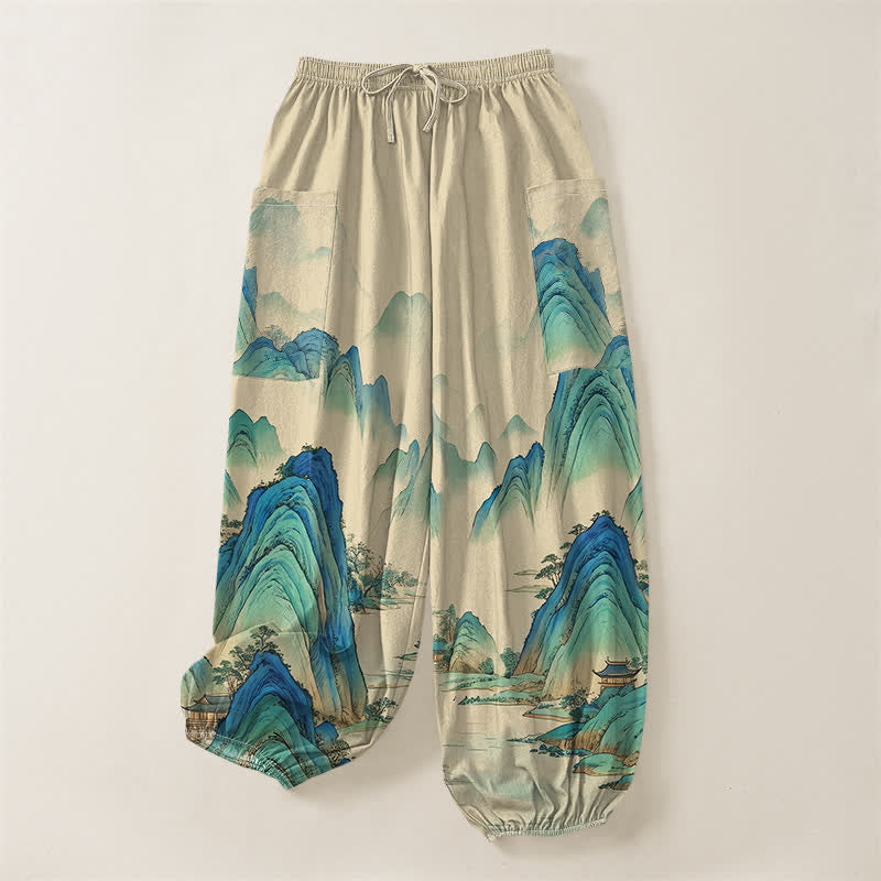 Buddha Stones Cotton Artistic Peaks Waters Pattern Women's Elastic Waist Harem Pants With Side Pockets - image 3
