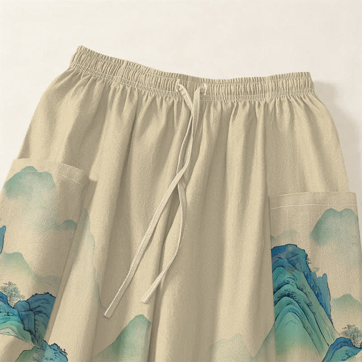 Buddha Stones Cotton Artistic Peaks Waters Pattern Women's Elastic Waist Harem Pants With Side Pockets - image 5