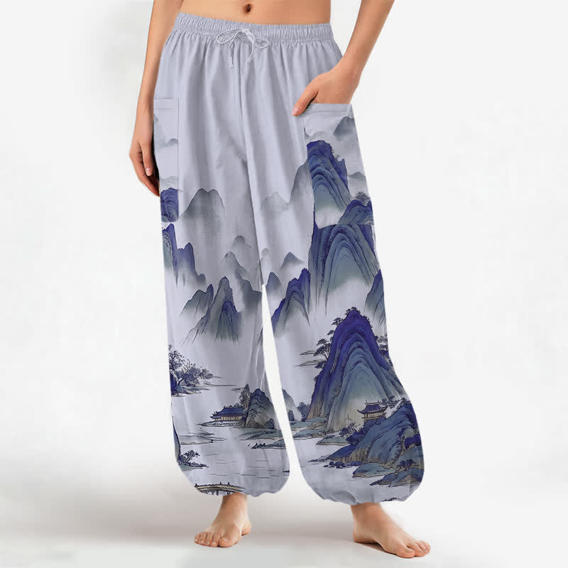 Buddha Stones Cotton Artistic Peaks Waters Pattern Women's Elastic Waist Harem Pants With Side Pockets - LightSteelBlue - US16，UK/AU20，EU48 (3XL) - image 10