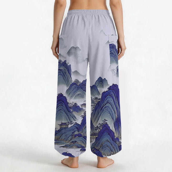 Buddha Stones Cotton Artistic Peaks Waters Pattern Women's Elastic Waist Harem Pants With Side Pockets - image 12