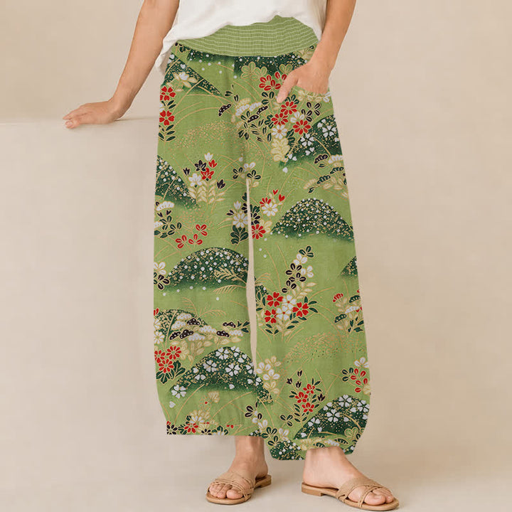 Buddha Stones Cotton Hill Blossom Pattern Pleated Elastic Waist Women's Harem Pants With Pockets - YellowGreen - US16，UK/AU20，EU48 (3XL) - image 0