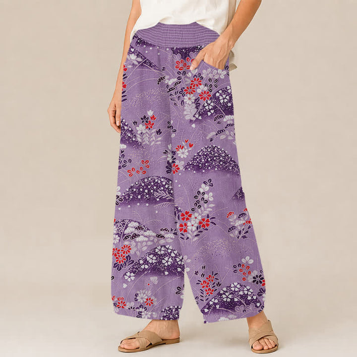 Buddha Stones Cotton Hill Blossom Pattern Pleated Elastic Waist Women's Harem Pants With Pockets - image 11