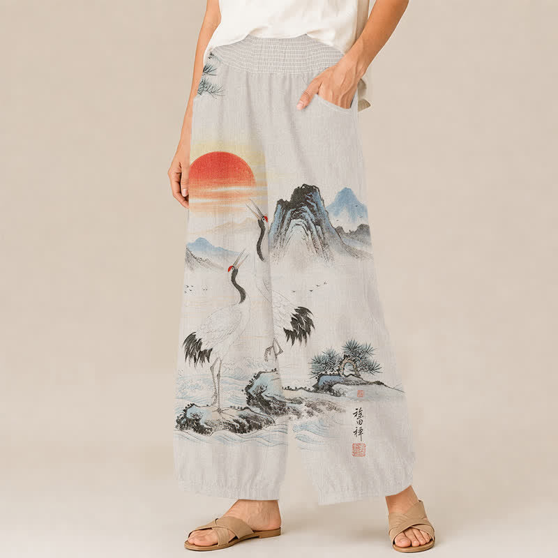 Buddha Stones Cotton Ink Landscape Crane Sun Pattern Pleated Elastic Waist Women's Harem Pants With Pockets - image 1