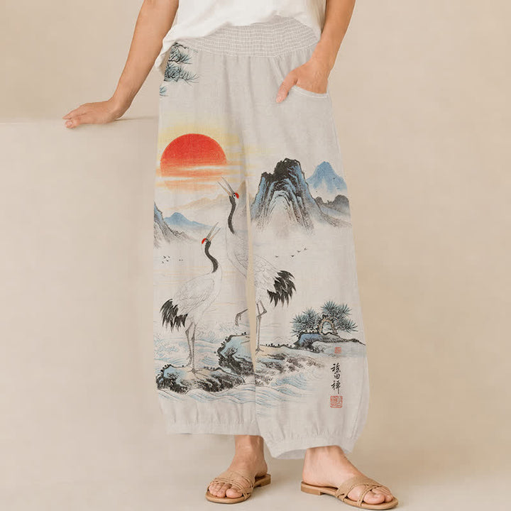 Buddha Stones Cotton Ink Landscape Crane Sun Pattern Pleated Elastic Waist Women's Harem Pants With Pockets - FloralWhite - US16，UK/AU20，EU48 (3XL) - image 0