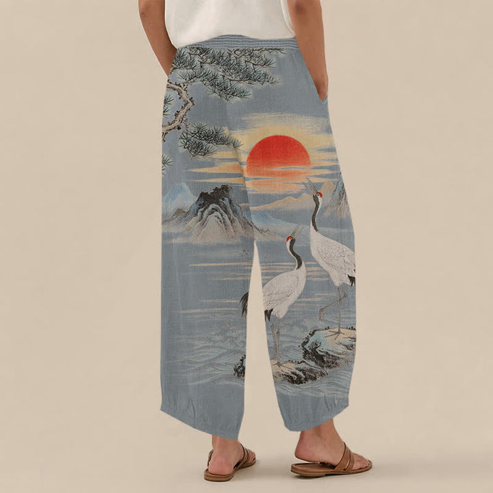 Buddha Stones Cotton Ink Landscape Crane Sun Pattern Pleated Elastic Waist Women's Harem Pants With Pockets - image 12