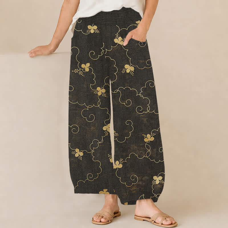 Buddha Stones Cotton Vintage Blossom Cloud Pattern Pleated Elastic Waist Women's Harem Pants With Pockets - Black - US16，UK/AU20，EU48 (3XL) - image 0