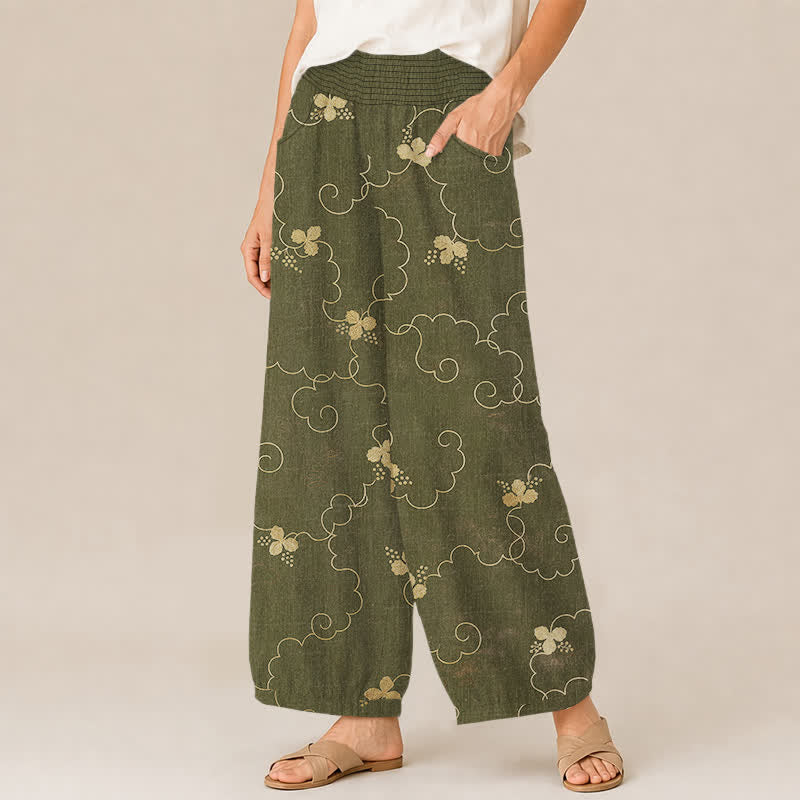 Buddha Stones Cotton Vintage Blossom Cloud Pattern Pleated Elastic Waist Women's Harem Pants With Pockets - image 11