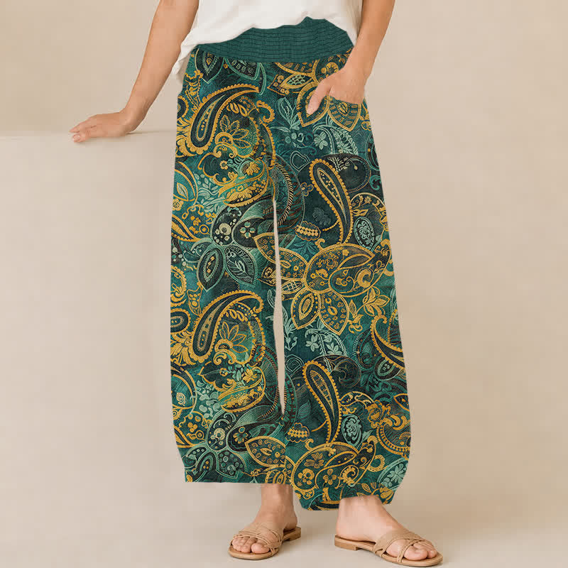 Buddha Stones Cotton Vintage Paisley Floral Pattern Pleated Elastic Waist Women's Harem Pants With Pockets - Teal - US16，UK/AU20，EU48 (3XL) - image 0