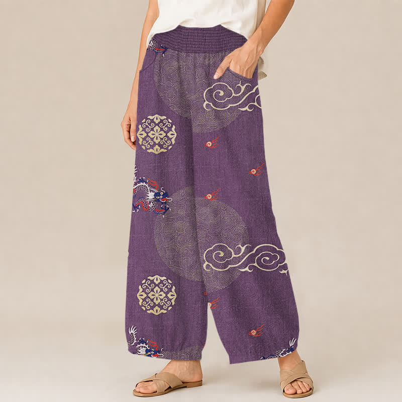 Buddha Stones Cotton Vintage Dragon Totem Pattern Pleated Elastic Waist Women's Harem Pants With Pockets - image 7