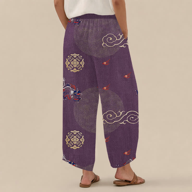 Buddha Stones Cotton Vintage Dragon Totem Pattern Pleated Elastic Waist Women's Harem Pants With Pockets - image 8