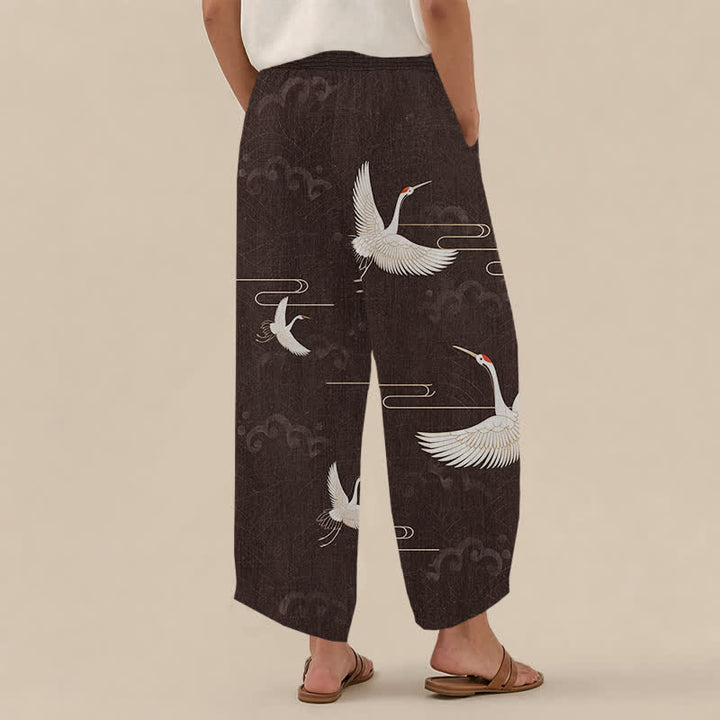 Buddha Stones Cotton Vintage White Crane Pattern Pleated Elastic Waist Women's Harem Pants With Pockets - image 2