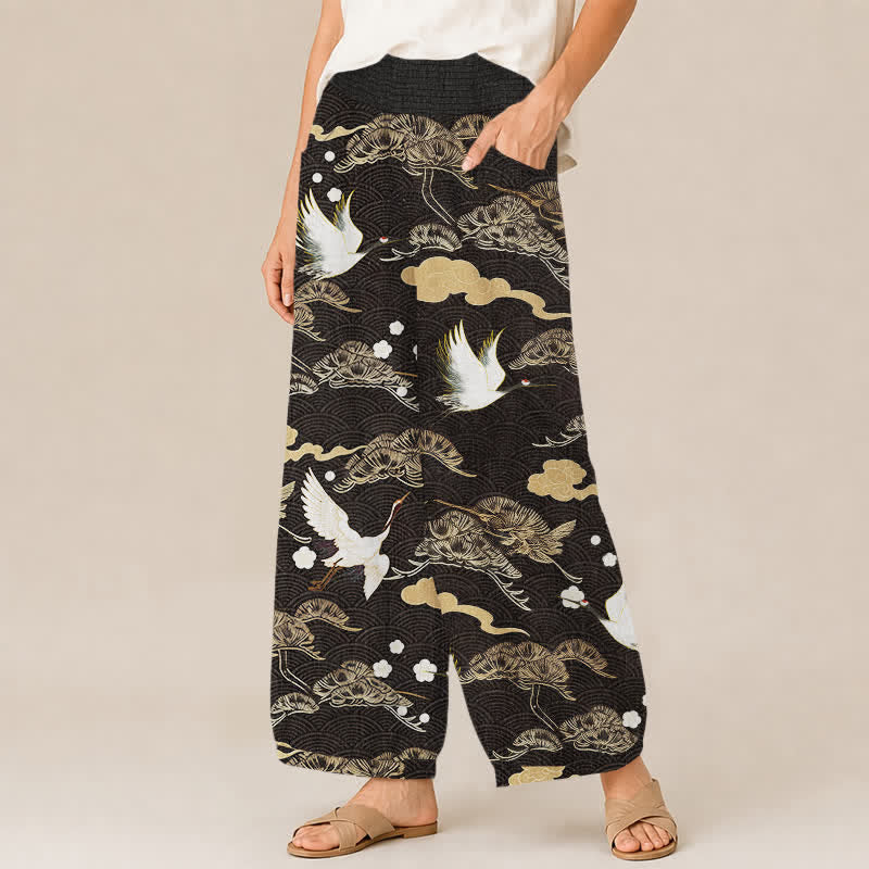 Buddha Stones Cotton Crane And Cloud Pattern Pleated Elastic Waist Women's Harem Pants With Pockets - image 1
