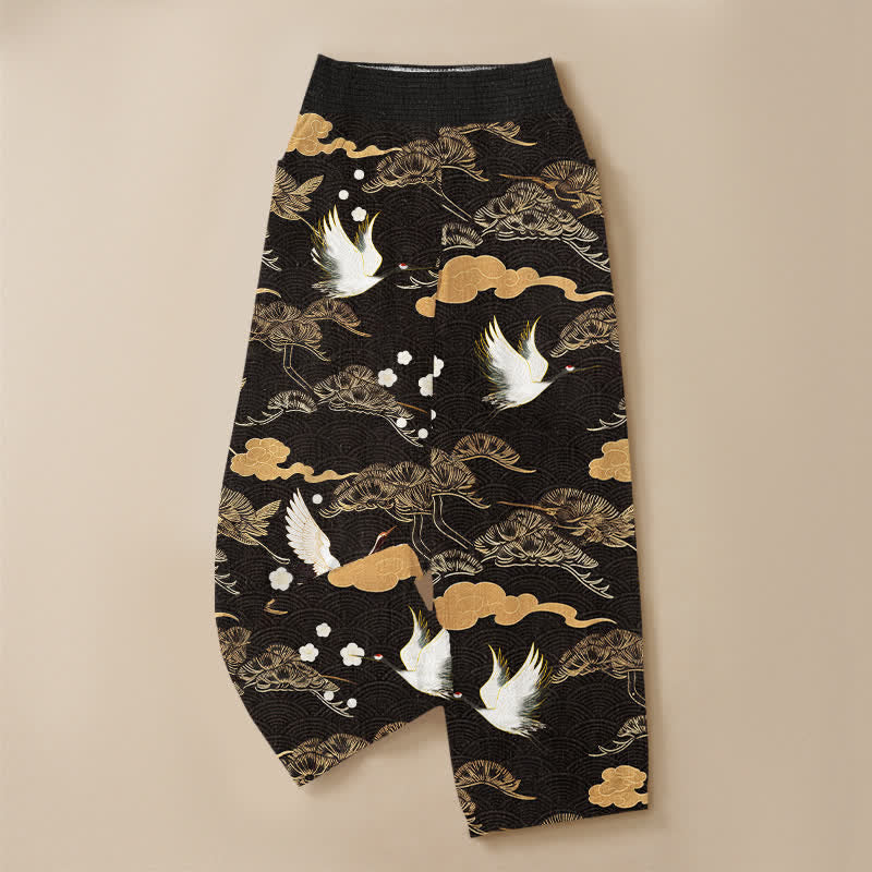 Buddha Stones Cotton Crane And Cloud Pattern Pleated Elastic Waist Women's Harem Pants With Pockets - image 3