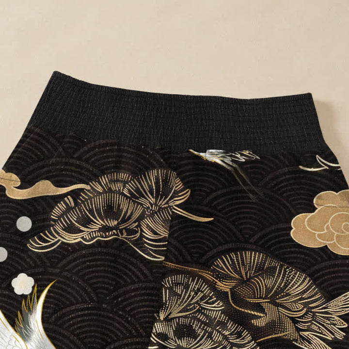 Buddha Stones Cotton Crane And Cloud Pattern Pleated Elastic Waist Women's Harem Pants With Pockets - image 4