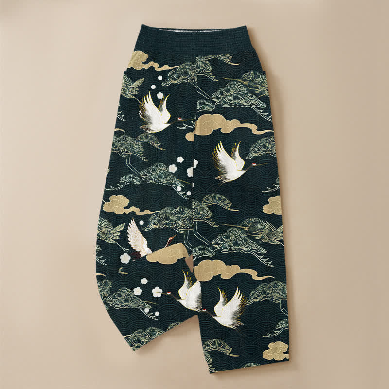 Buddha Stones Cotton Crane And Cloud Pattern Pleated Elastic Waist Women's Harem Pants With Pockets - image 9