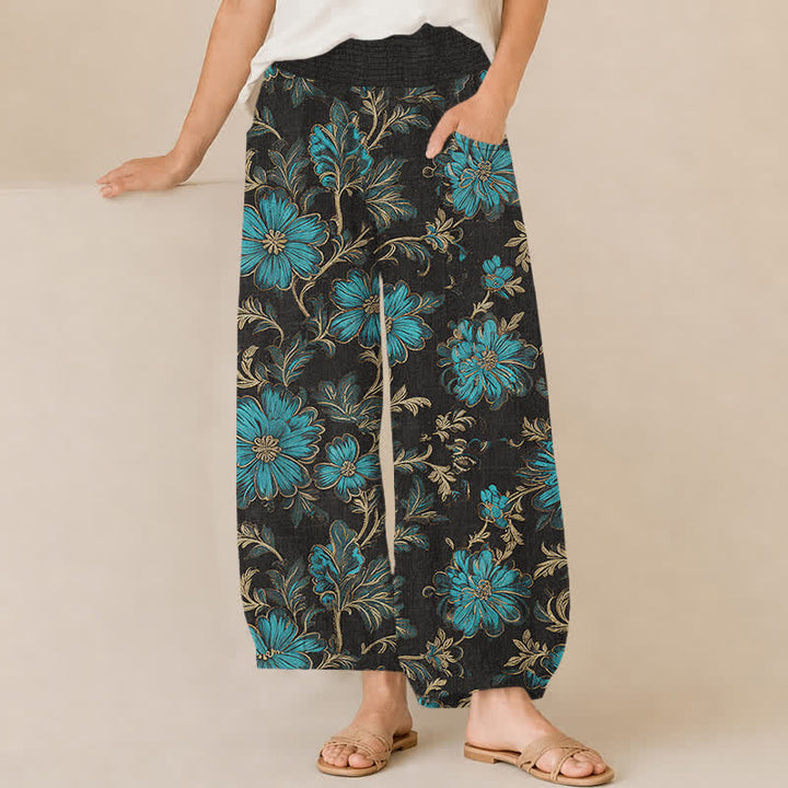Buddha Stones Cotton Midnight Bloom Botanical Pattern Pleated Elastic Waist Women's Harem Pants With Pockets - Black - US16，UK/AU20，EU48 (3XL) - image 0
