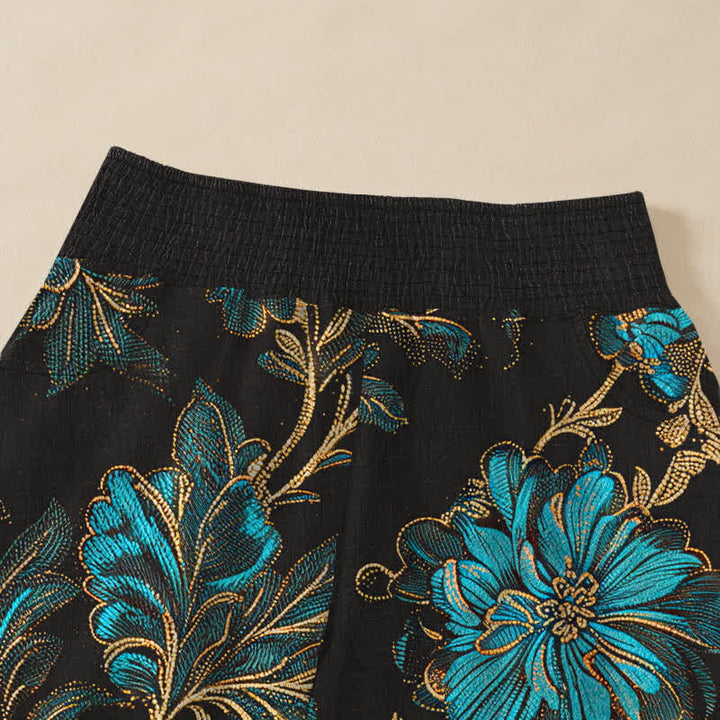 Buddha Stones Cotton Midnight Bloom Botanical Pattern Pleated Elastic Waist Women's Harem Pants With Pockets - image 4