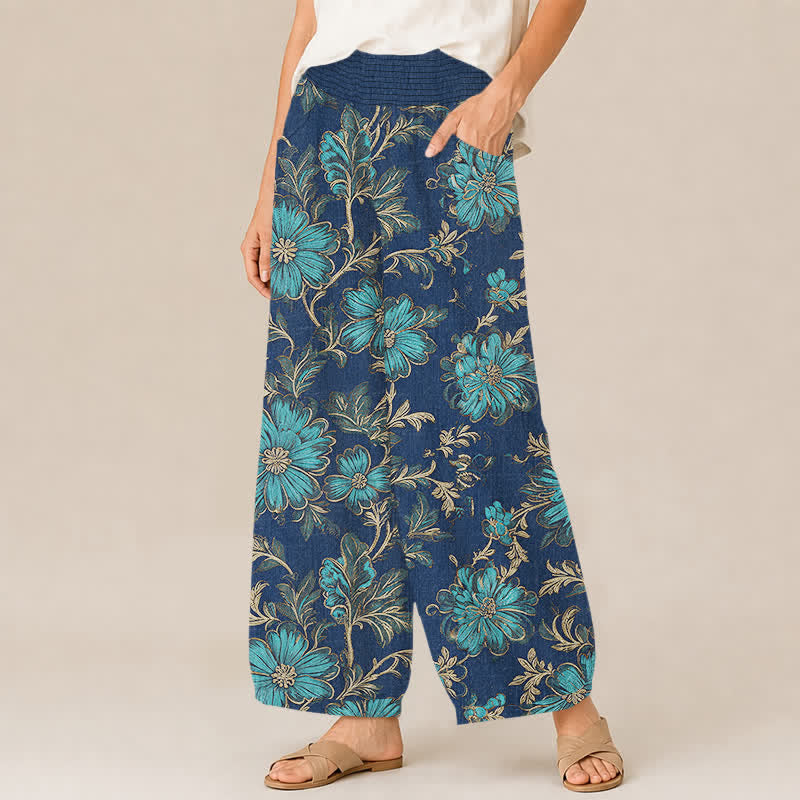 Buddha Stones Cotton Midnight Bloom Botanical Pattern Pleated Elastic Waist Women's Harem Pants With Pockets - image 7
