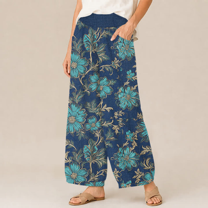 Buddha Stones Cotton Midnight Bloom Botanical Pattern Pleated Elastic Waist Women's Harem Pants With Pockets - image 7