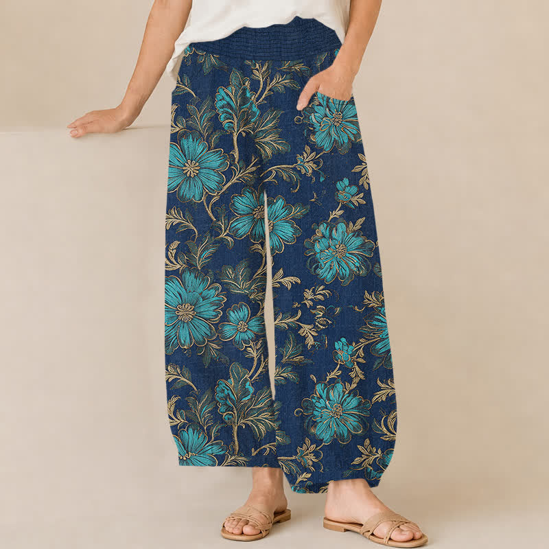 Buddha Stones Cotton Midnight Bloom Botanical Pattern Pleated Elastic Waist Women's Harem Pants With Pockets - Navy - US16，UK/AU20，EU48 (3XL) - image 6