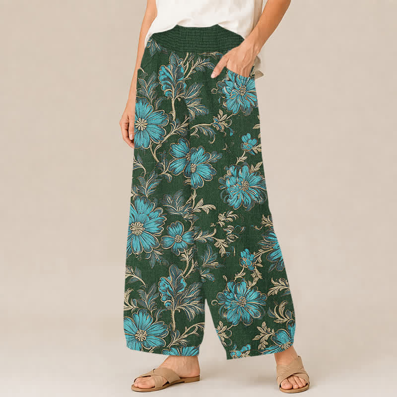Buddha Stones Cotton Midnight Bloom Botanical Pattern Pleated Elastic Waist Women's Harem Pants With Pockets - image 11
