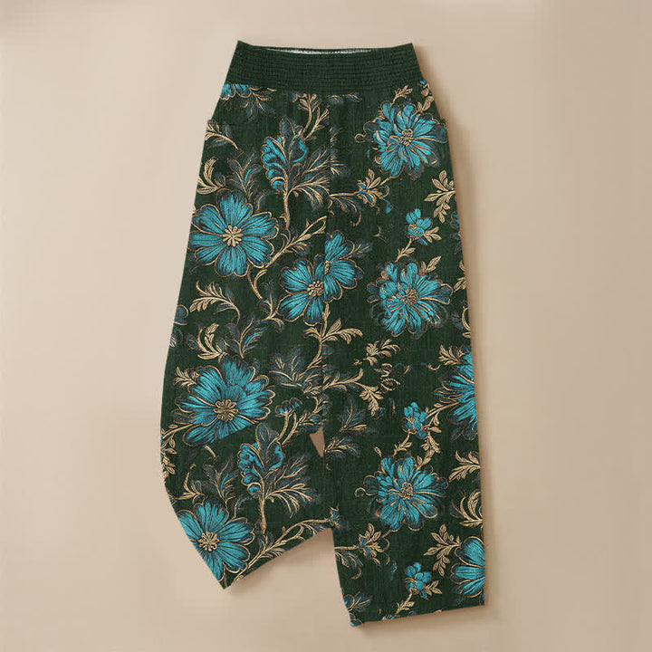 Buddha Stones Cotton Midnight Bloom Botanical Pattern Pleated Elastic Waist Women's Harem Pants With Pockets - image 13