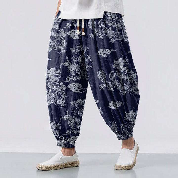Buddha Stones Pure Cotton Dragon Clouds Pattern Drawstring Men's Harem Pants With Pockets - Navy - US/UK/AU50，EU60 (5XL) - image 0