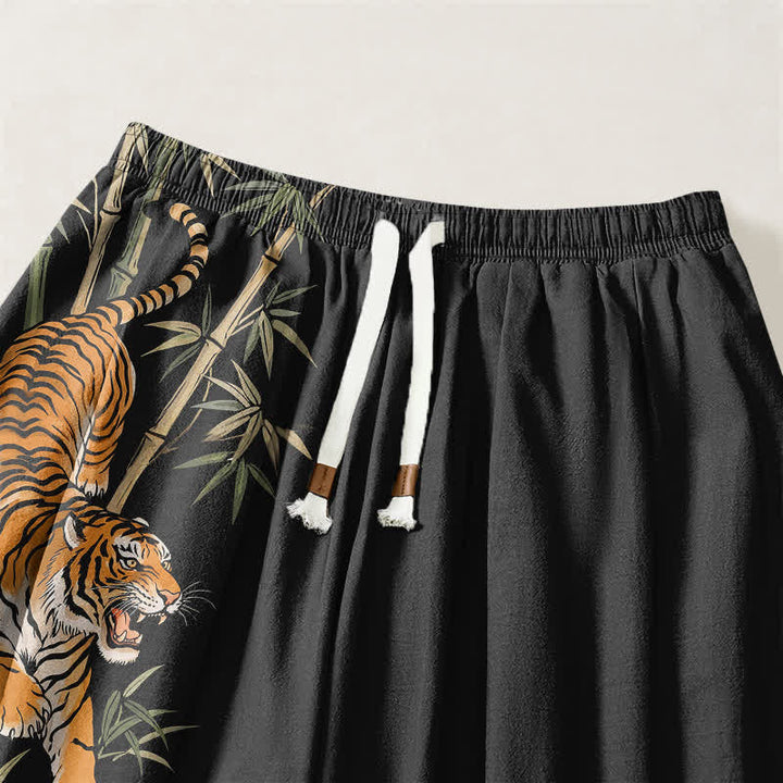 Buddha Stones Pure Cotton Tiger Bamboo Pattern Drawstring Men's Harem Pants With Pockets - image 3