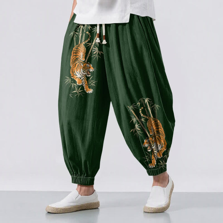 Buddha Stones Pure Cotton Tiger Bamboo Pattern Drawstring Men's Harem Pants With Pockets - DarkGreen - US/UK/AU50，EU60 (5XL) - image 6