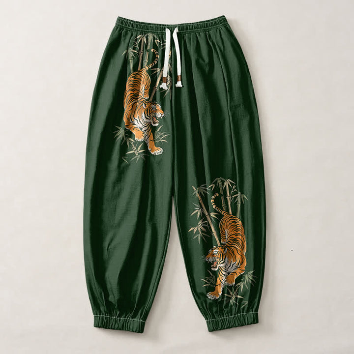 Buddha Stones Pure Cotton Tiger Bamboo Pattern Drawstring Men's Harem Pants With Pockets - image 7