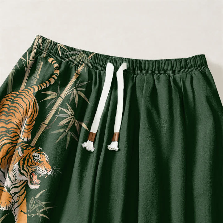 Buddha Stones Pure Cotton Tiger Bamboo Pattern Drawstring Men's Harem Pants With Pockets - image 9