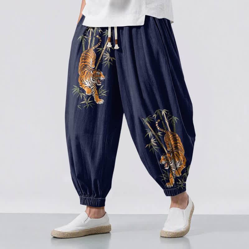 Buddha Stones Pure Cotton Tiger Bamboo Pattern Drawstring Men's Harem Pants With Pockets - Navy - US/UK/AU50，EU60 (5XL) - image 12