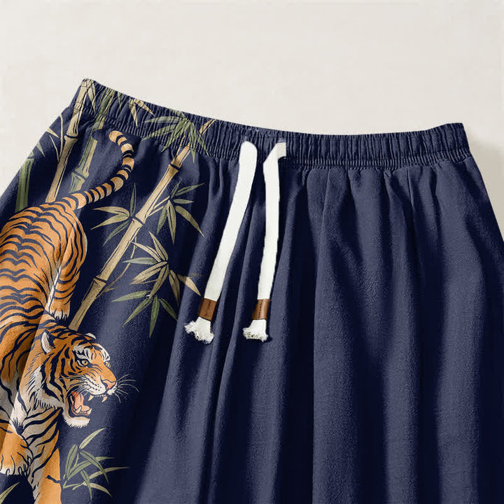 Buddha Stones Pure Cotton Tiger Bamboo Pattern Drawstring Men's Harem Pants With Pockets - image 15