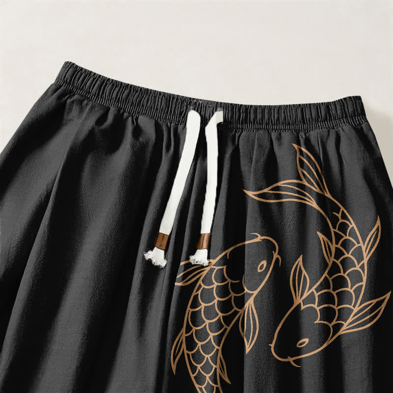 Buddha Stones Pure Cotton Double Koi Fish Pattern Drawstring Men's Harem Pants With Pockets - image 3