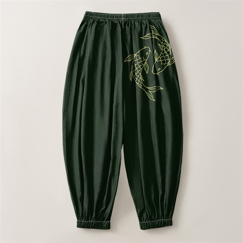 Buddha Stones Pure Cotton Double Koi Fish Pattern Drawstring Men's Harem Pants With Pockets - image 8