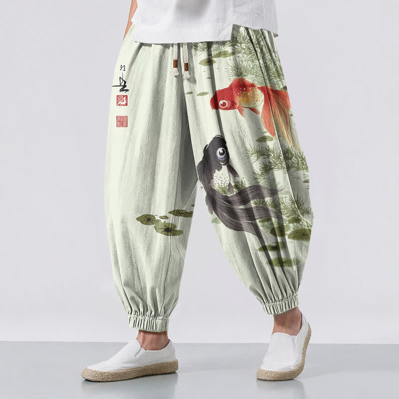 Buddha Stones Pure Cotton Koi Lotus Leaves Ink Pattern Drawstring Men's Harem Pants With Pockets - Honeydew - US/UK/AU50，EU60 (5XL) - image 6