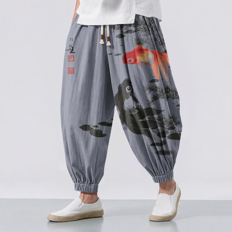 Buddha Stones Pure Cotton Koi Lotus Leaves Ink Pattern Drawstring Men's Harem Pants With Pockets - SlateGray - US/UK/AU50，EU60 (5XL) - image 12