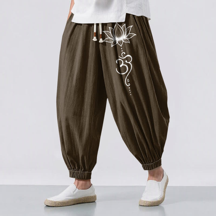 Buddha Stones Pure Cotton Lotus Om Pattern Drawstring Men's Harem Pants With Pockets - SaddleBrown - US/UK/AU50，EU60 (5XL) - image 6