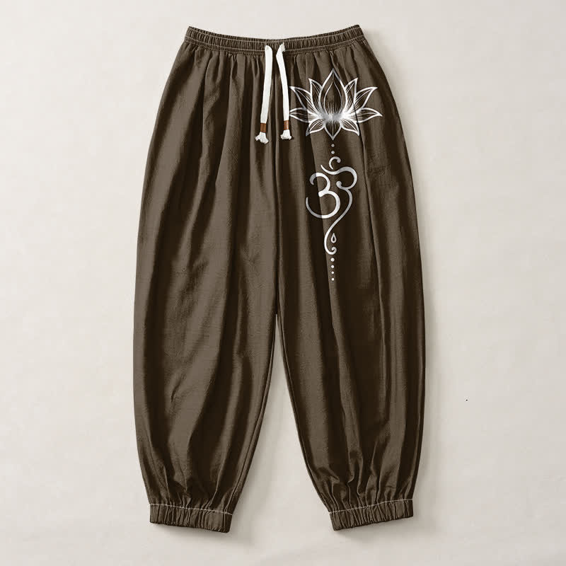 Buddha Stones Pure Cotton Lotus Om Pattern Drawstring Men's Harem Pants With Pockets - image 7