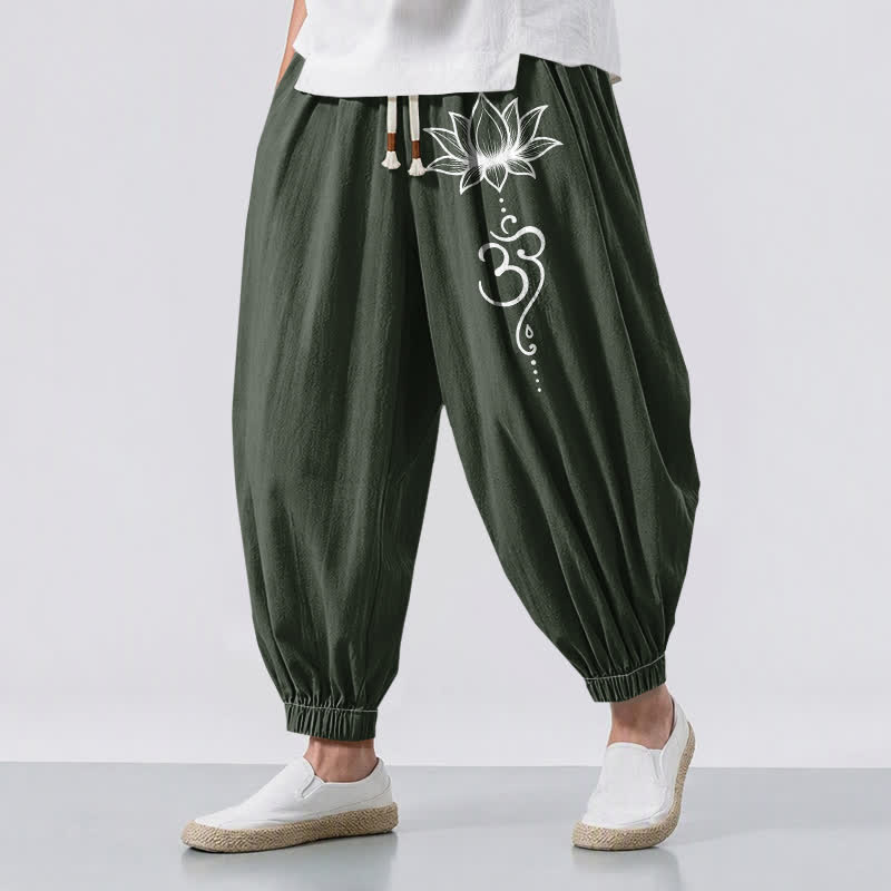 Buddha Stones Pure Cotton Lotus Om Pattern Drawstring Men's Harem Pants With Pockets - DarkGreen - US/UK/AU50，EU60 (5XL) - image 12