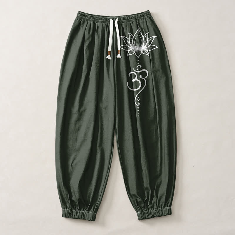 Buddha Stones Pure Cotton Lotus Om Pattern Drawstring Men's Harem Pants With Pockets - image 13