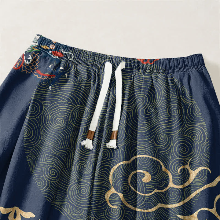 Buddha Stones Pure Cotton Dragon Golden Cloud Medallion Pattern Drawstring Men's Harem Pants With Pockets - image 15