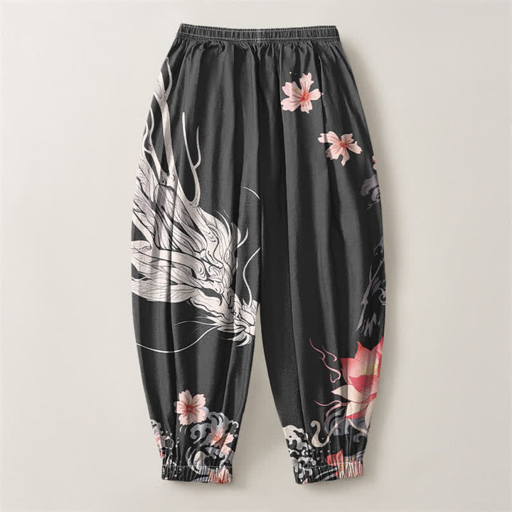 Buddha Stones Pure Cotton Dragon Sakura Lotus Pattern Drawstring Men's Harem Pants With Pockets - image 2